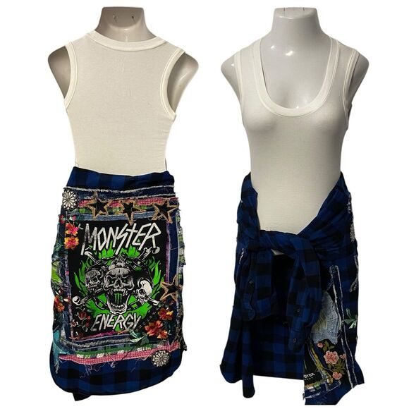 Upcycled Flannel Shirt Shacket Womens 1X Monster Grunge Patchwork Folk Art - Picture 5 of 16